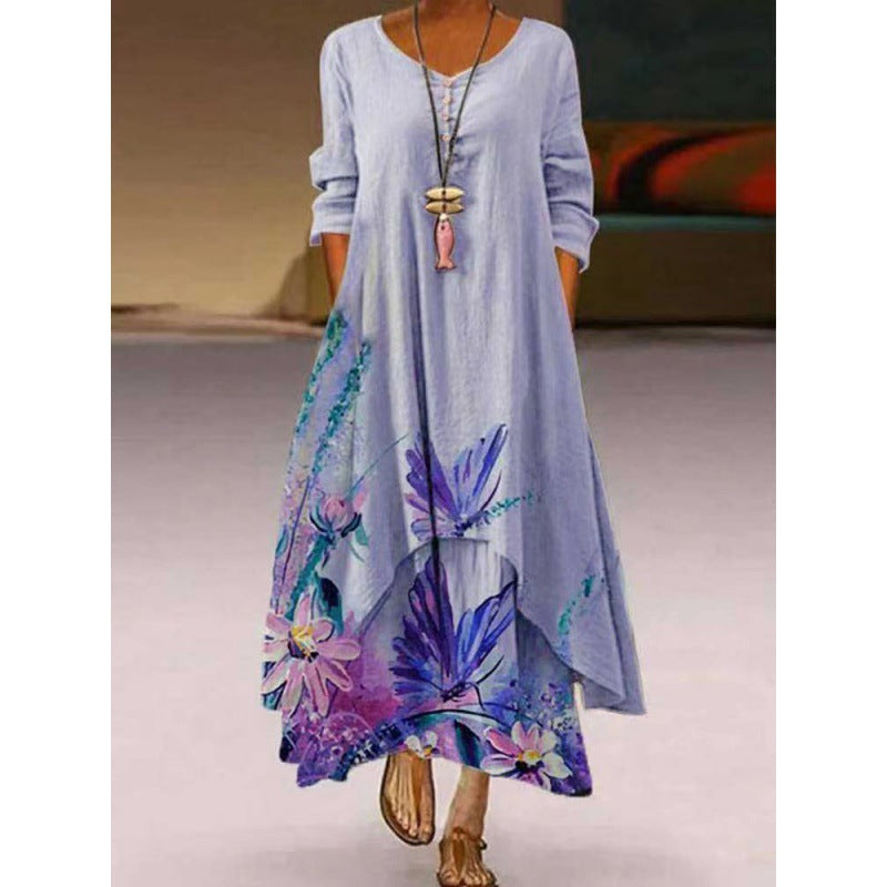 Summer Fashion Printed Long Sleeve Irregular Hem A-Line  Maxi Dress