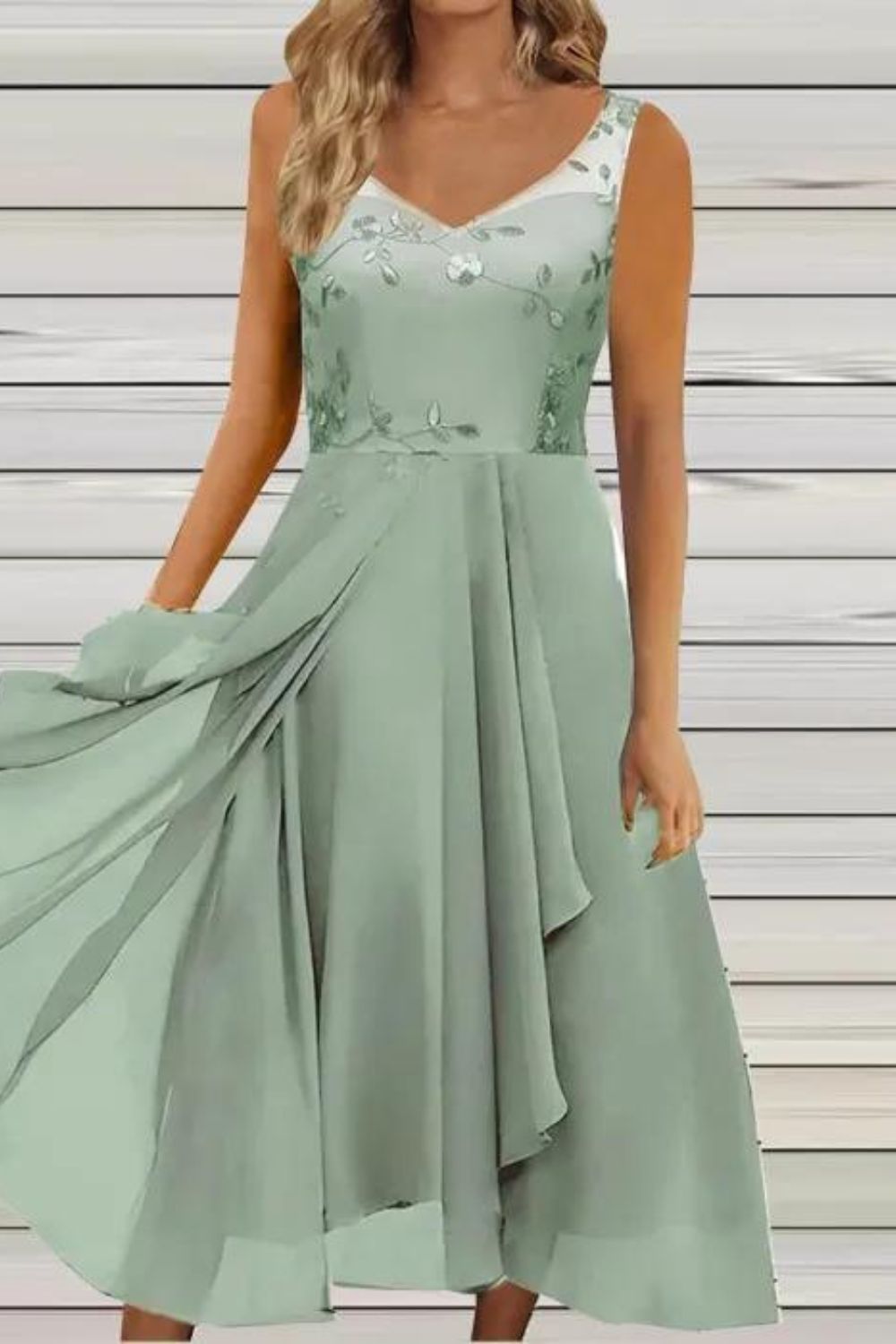 Women's Fashion Irregular Sleeveless V-Neck Mesh Embroidered Hollow Maxi Dress