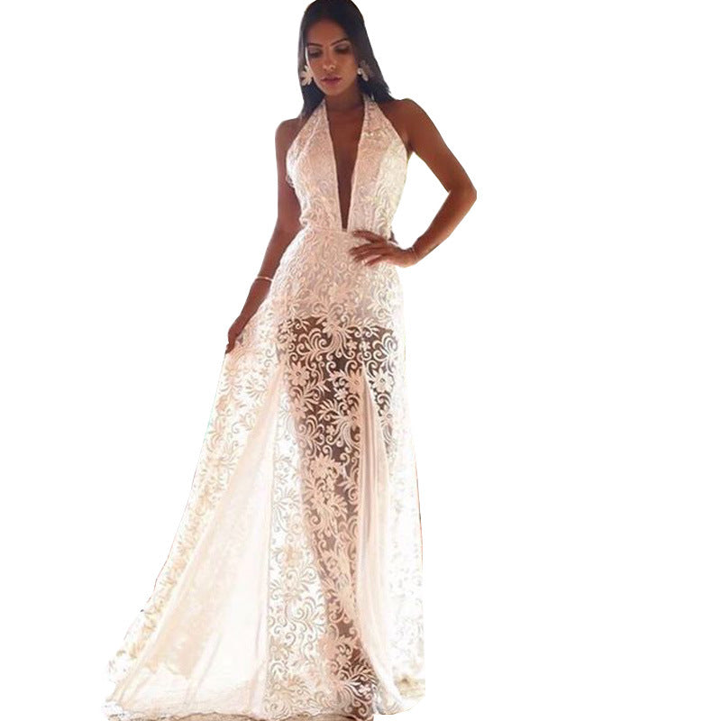 Sexy Sleeveless Halter Neck Backless Fashion Elegant Lace Maxi Dress