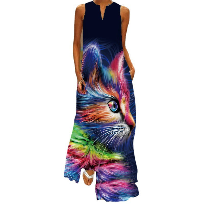 Women's Retro Print V-neck Multicolor Sexy Sleeveless  Maxi Dress