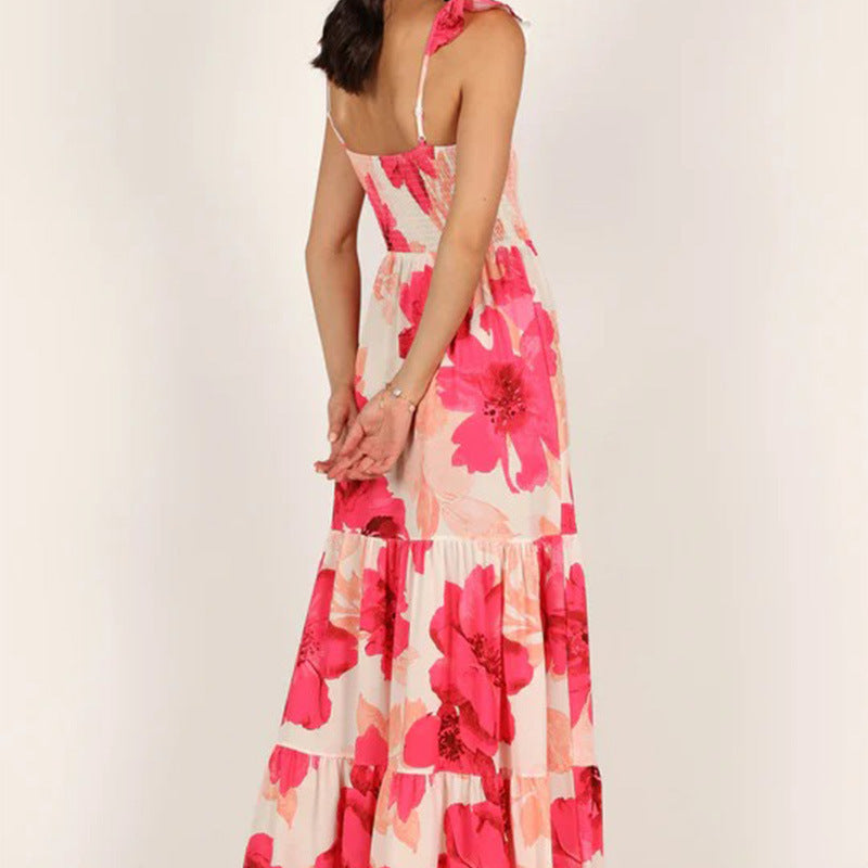 Women's Sexy Beach Bohemian Sleeveless Floral Print Slanted Neck Maxi Dress
