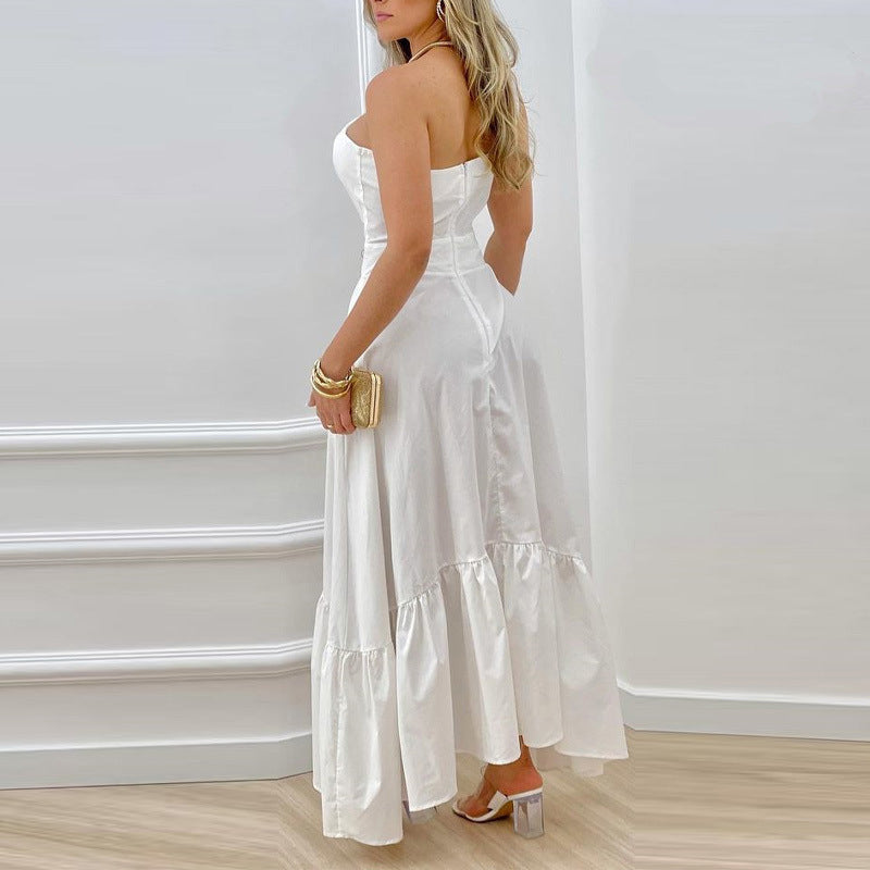 Summer Women's Solid Color Sexy Diagonal Neck Waist Ruffle Party  Maxi Dress