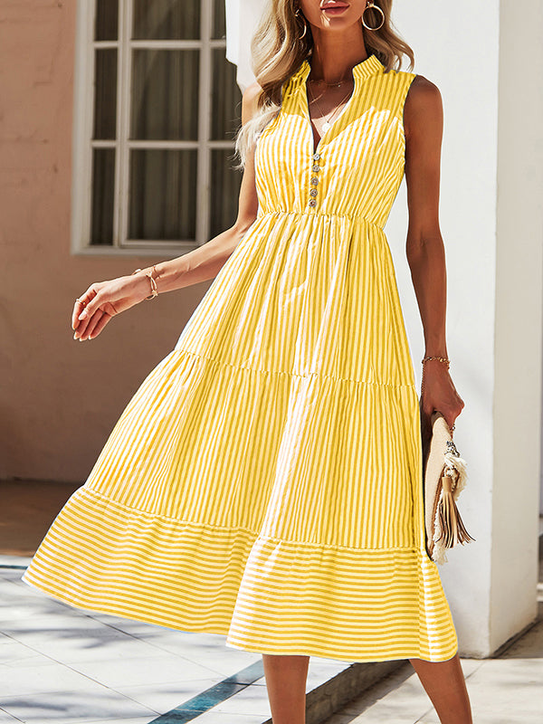 A-Line High Waisted Buttoned Split-Joint Striped V-Neck Midi Dresses