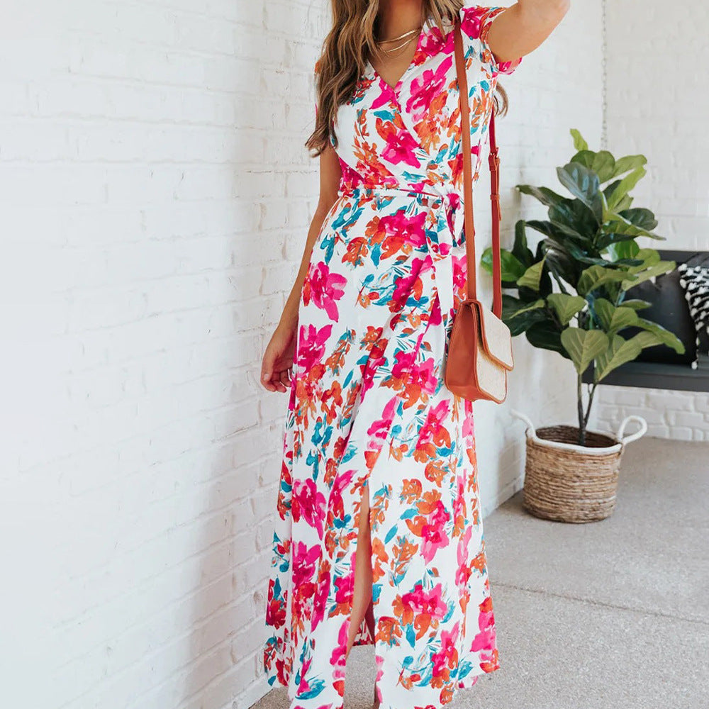 Summer Fashion Elegant Temperament Slit V-neck Print A-Line Maxi Dress