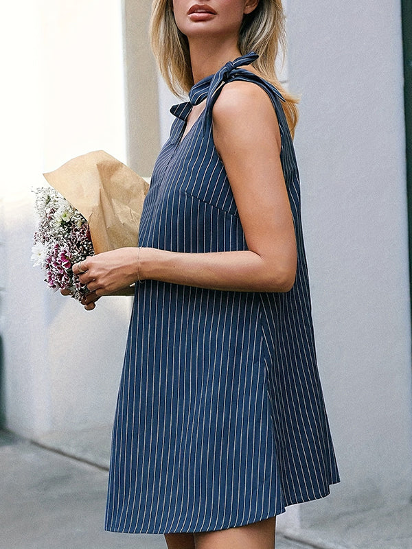 Bowknot Split-Joint Striped Sleeveless V-neck Shirt Dress Mini Dresses