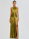Elegant Metallic Pleated Halter Neck Maxi Dress