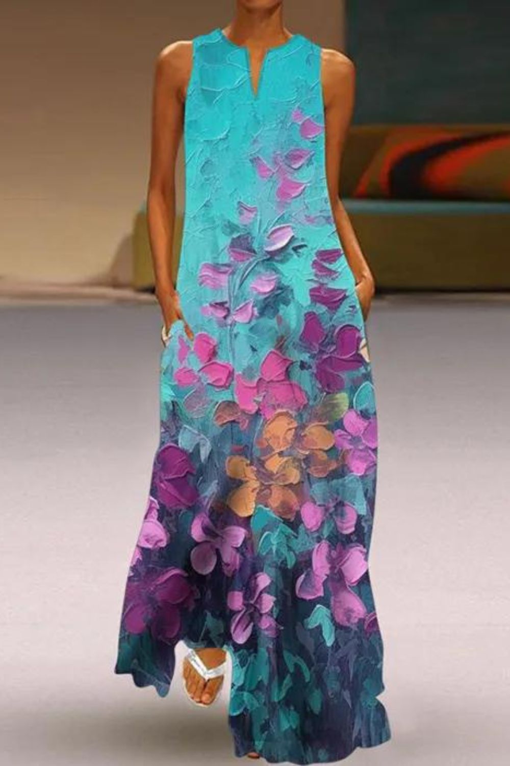 Summer Women Fashion Elegant Sleeveless V Neck Print Sexy Maxi Dress