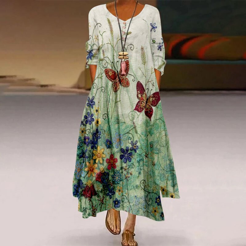 Women's Printed Long Sleeve Irregular Hem Elegant Casual  Maxi Dress