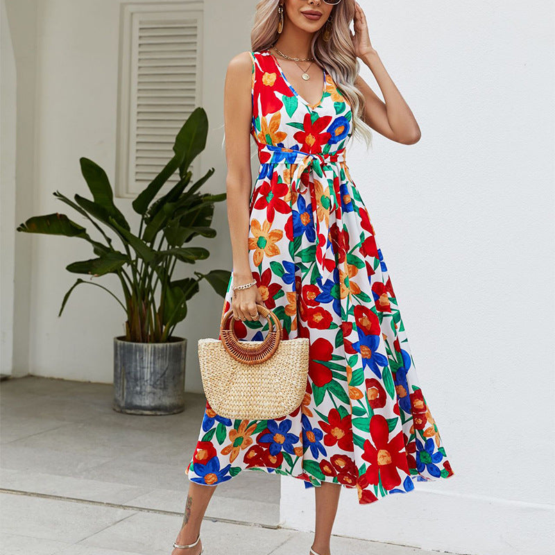 Summer Fashion Vacation V-line Tunic Sexy Casual Beach Maxi Dress