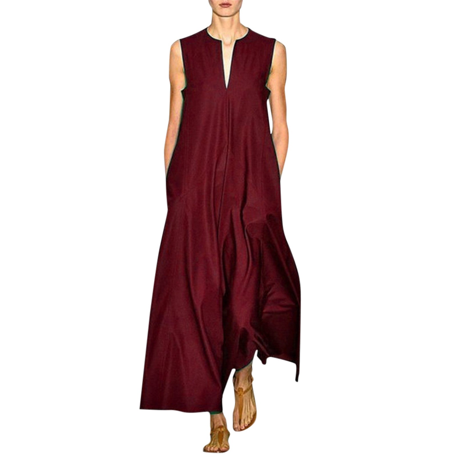 Summer Vintage Solid Color Casual V Neck Backless Party Maxi Dress
