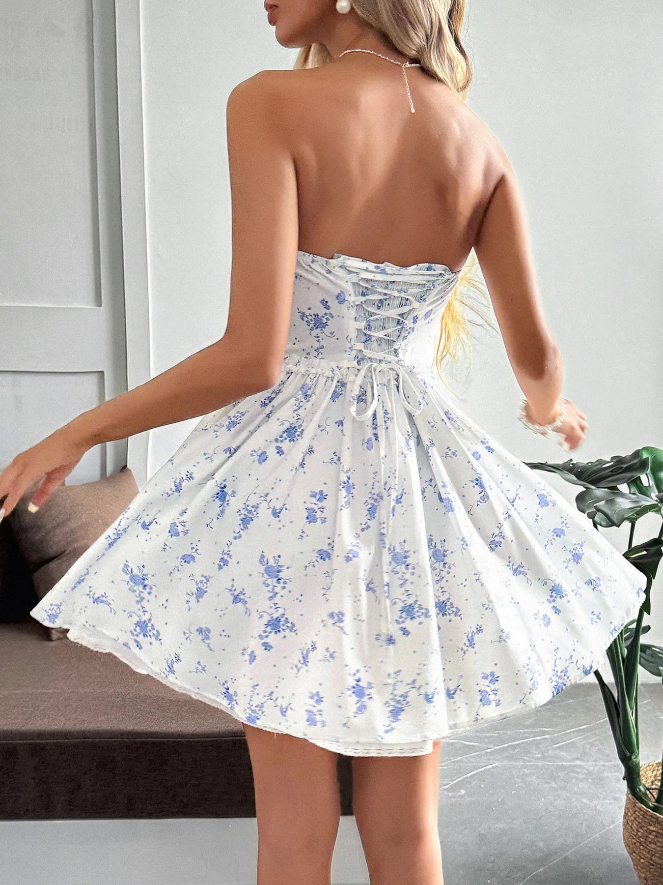 Lace Up Back Strapless Floral Mini Dress