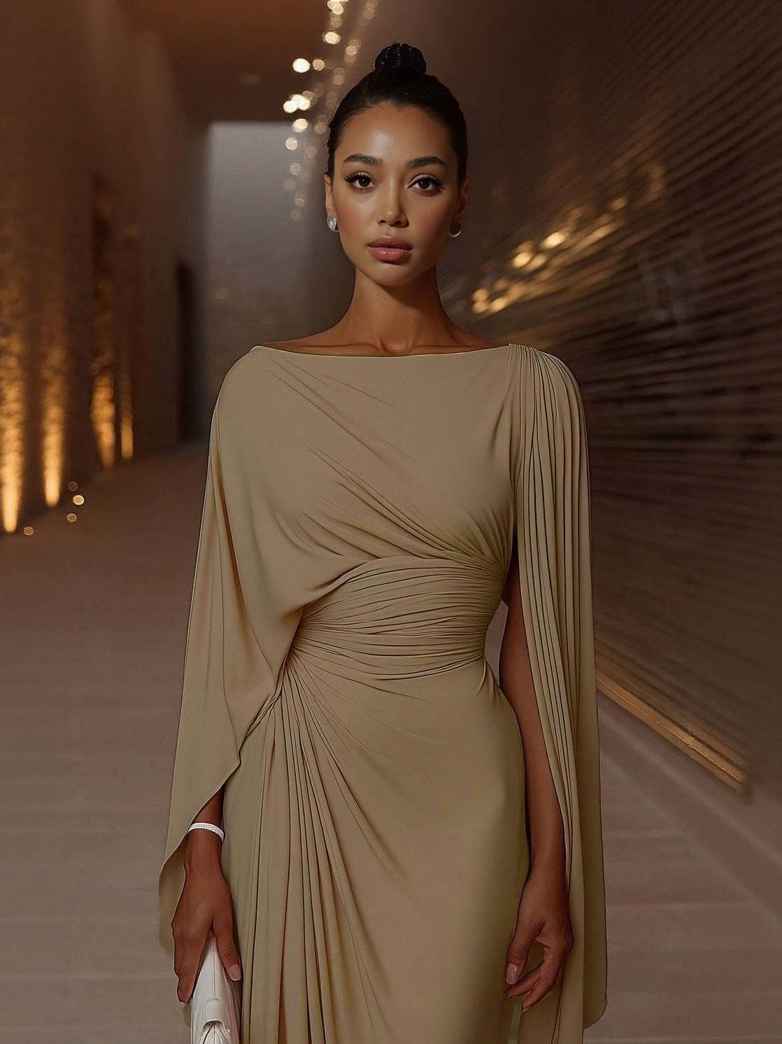 Boat Neck Pleated Slim Fit Maxi Dress