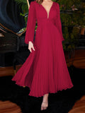 Sexy Pressed Pleated Long Sleeve Slim Fashion V Neck Solid Color Elegant Party  Maxi Dress