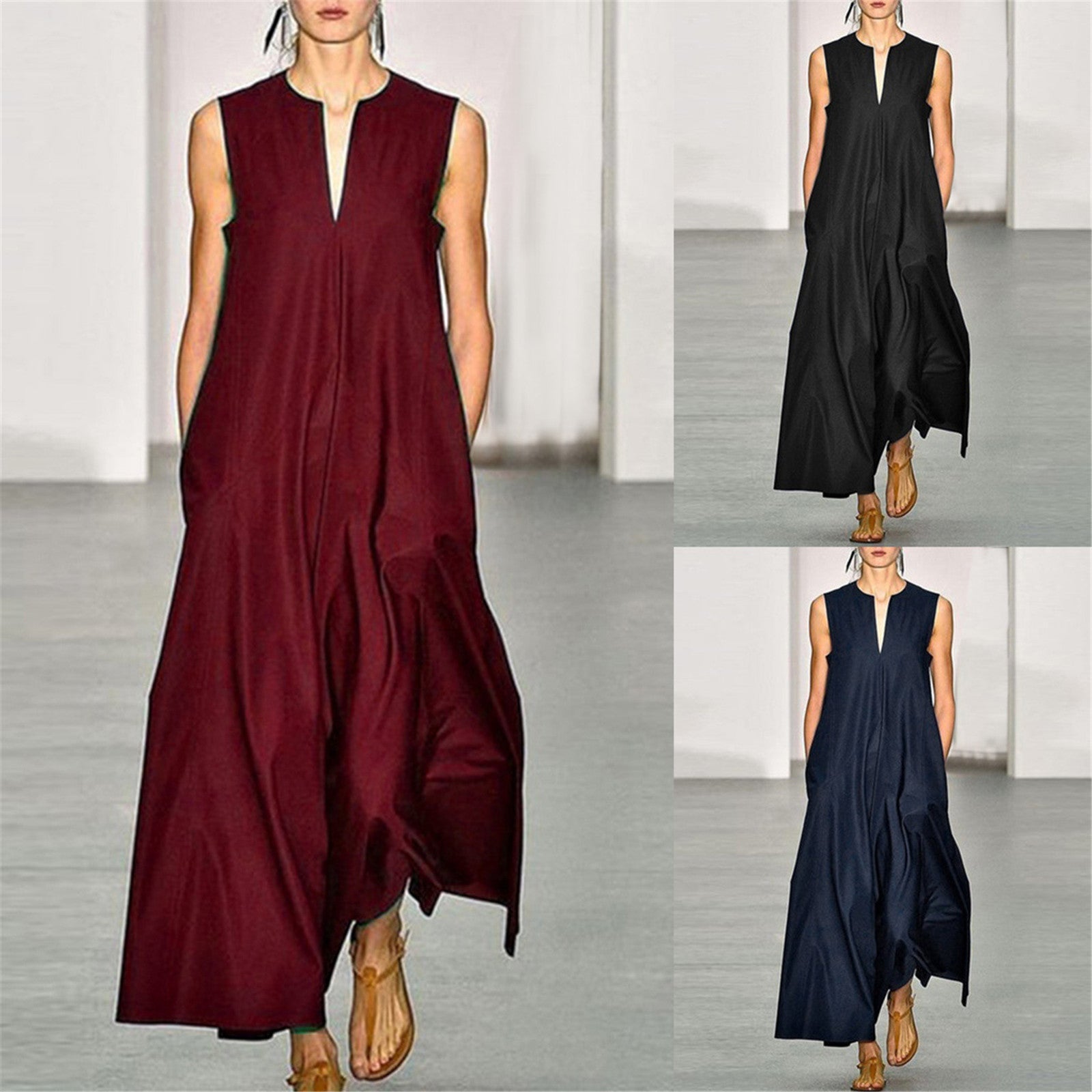 Summer Vintage Solid Color Casual V Neck Backless Party Maxi Dress