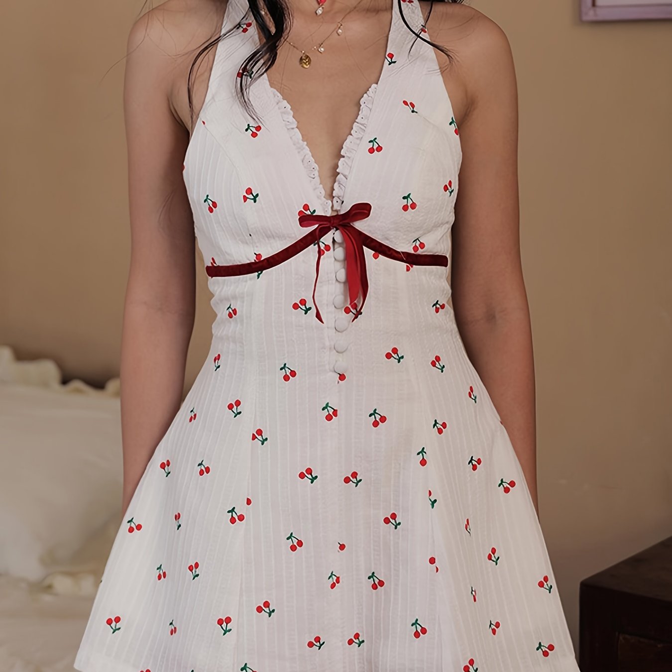 Women’s Cherry Print Halter Neck Backless Mini Dress