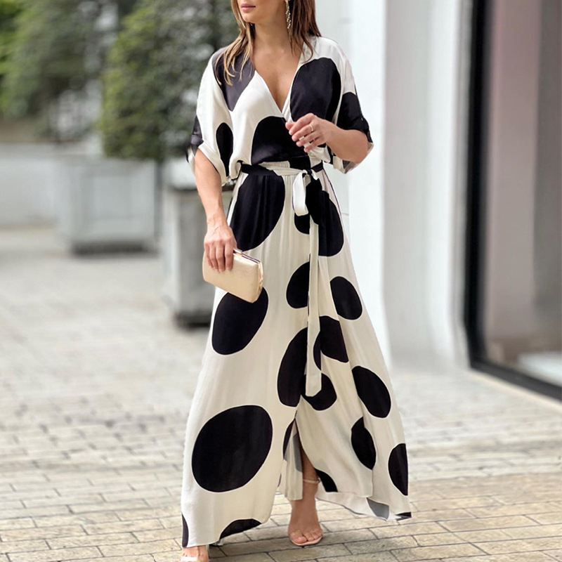 Women's Elegant Polka Dot Print V-neck High Waist Fashion Sexy  Maxi Dress
