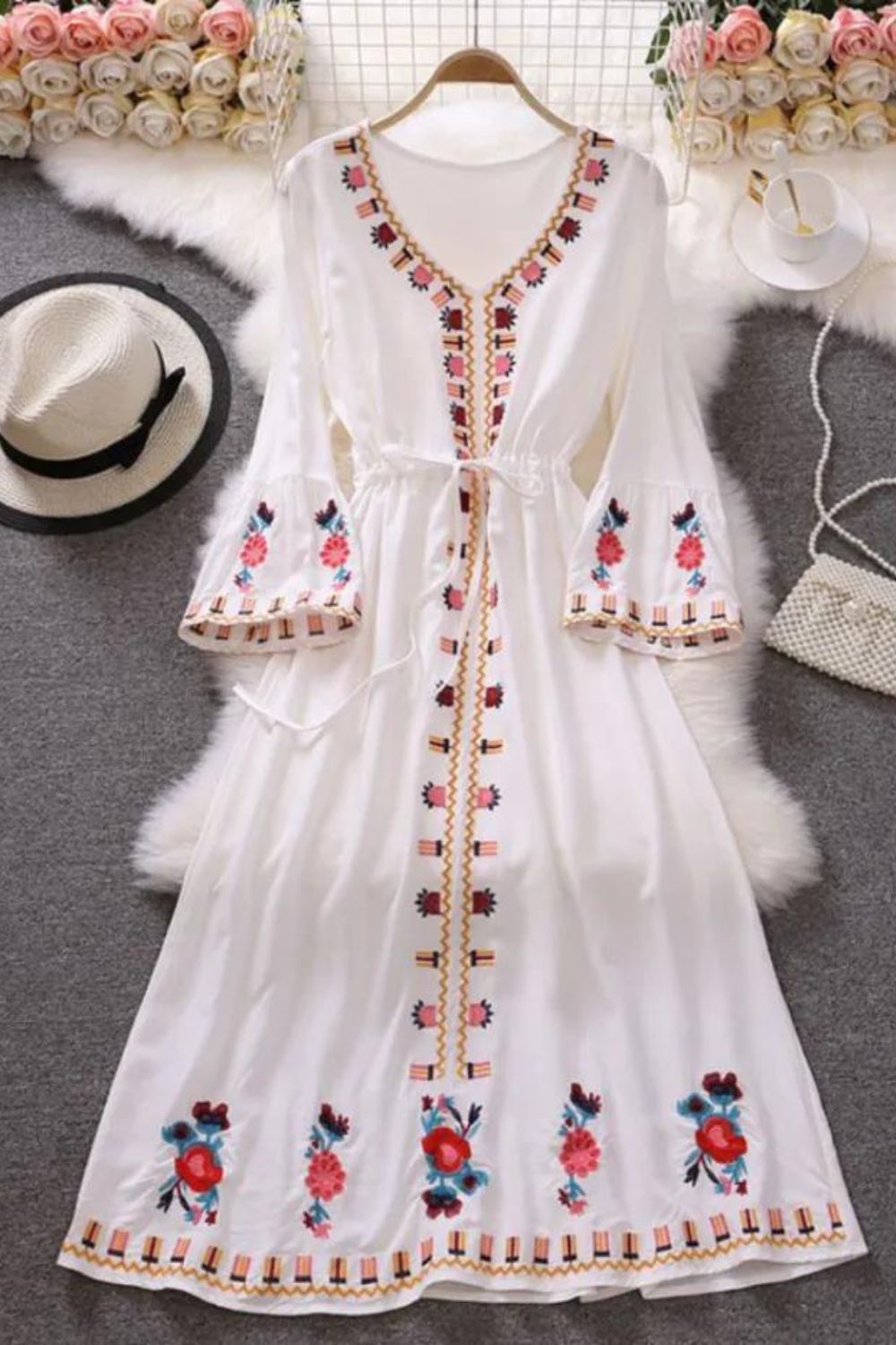 Summer Retro Fashion Elegant Embroidered V-neck A-line Holiday Swing Maxi Dress