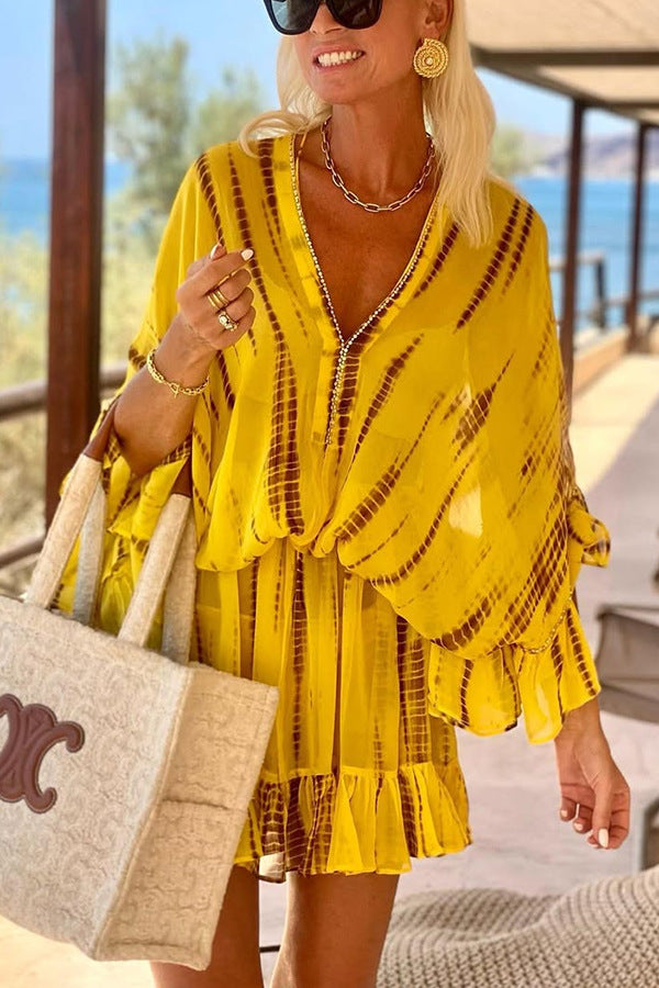 Women's Printed V-Neck Batwing Sleeve Chiffon Mini Dress