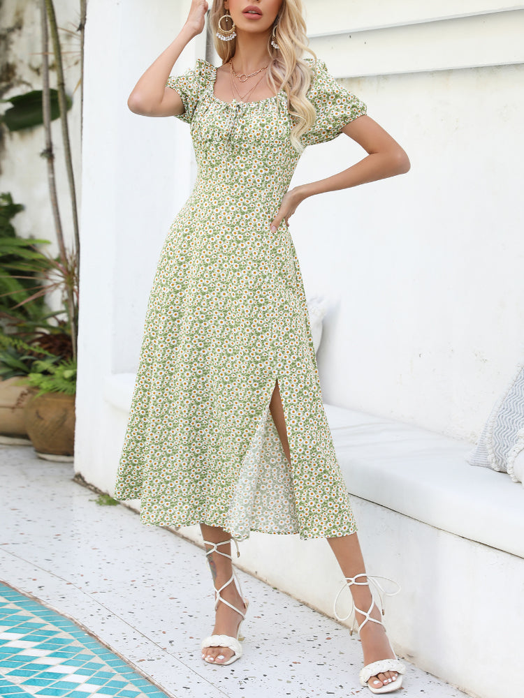 Summer Fashion Print Elegant Lace Up Sexy Strapless Slit Maxi Dress