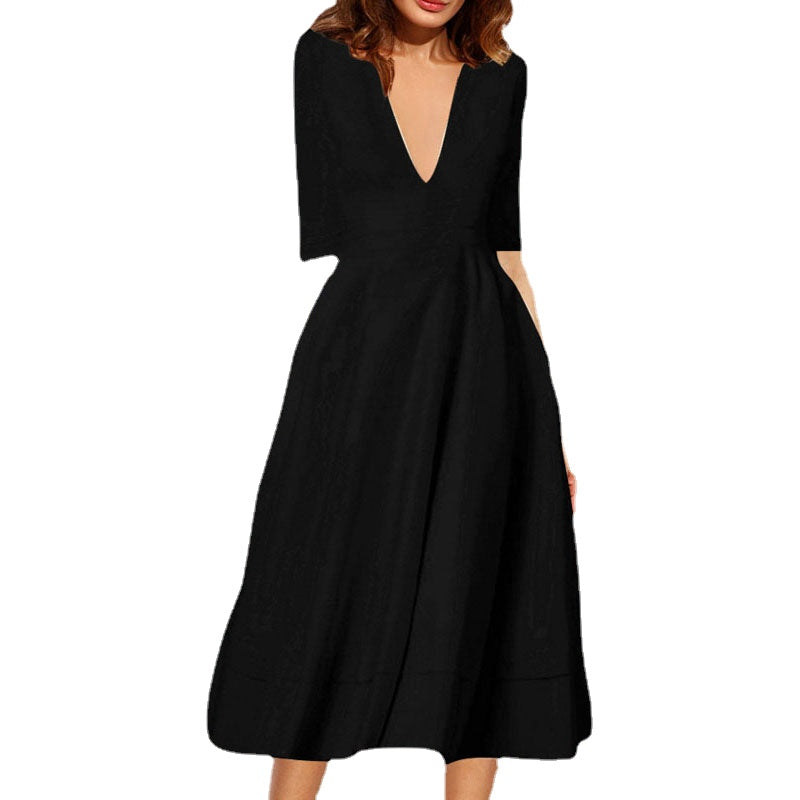 Deep V Neck Party Half Sleeves Sexy Solid Elegant Office Vintage A-Line Dress