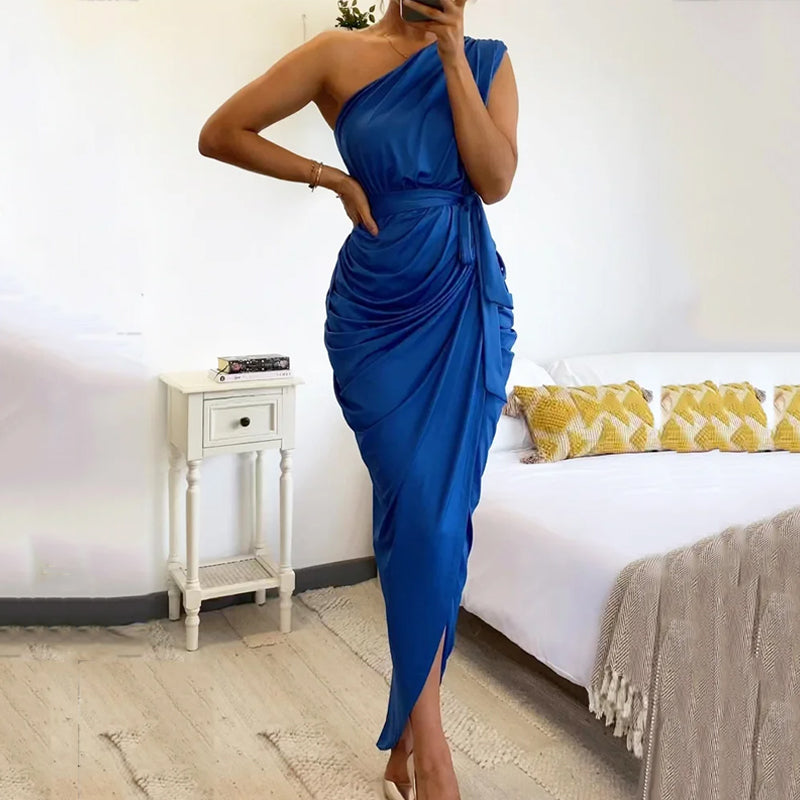 Fashion Solid Color One Shoulder Sleeveless Tie Slim Fit Slit Pleated Irregular Maxi Dress