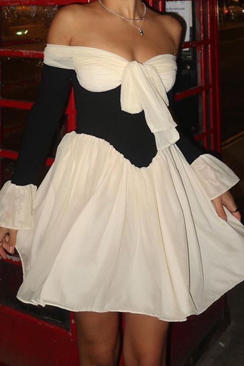 Sexy Backless Contrast Off Shoulder Waist Skirt Dresses