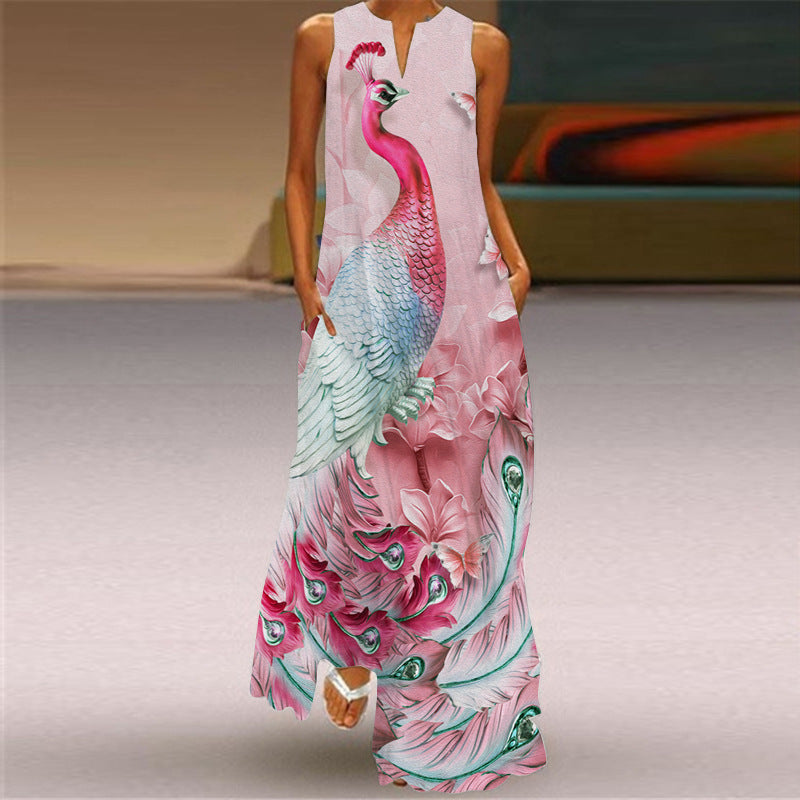 Women's Retro Print V-neck Multicolor Sexy Sleeveless  Maxi Dress