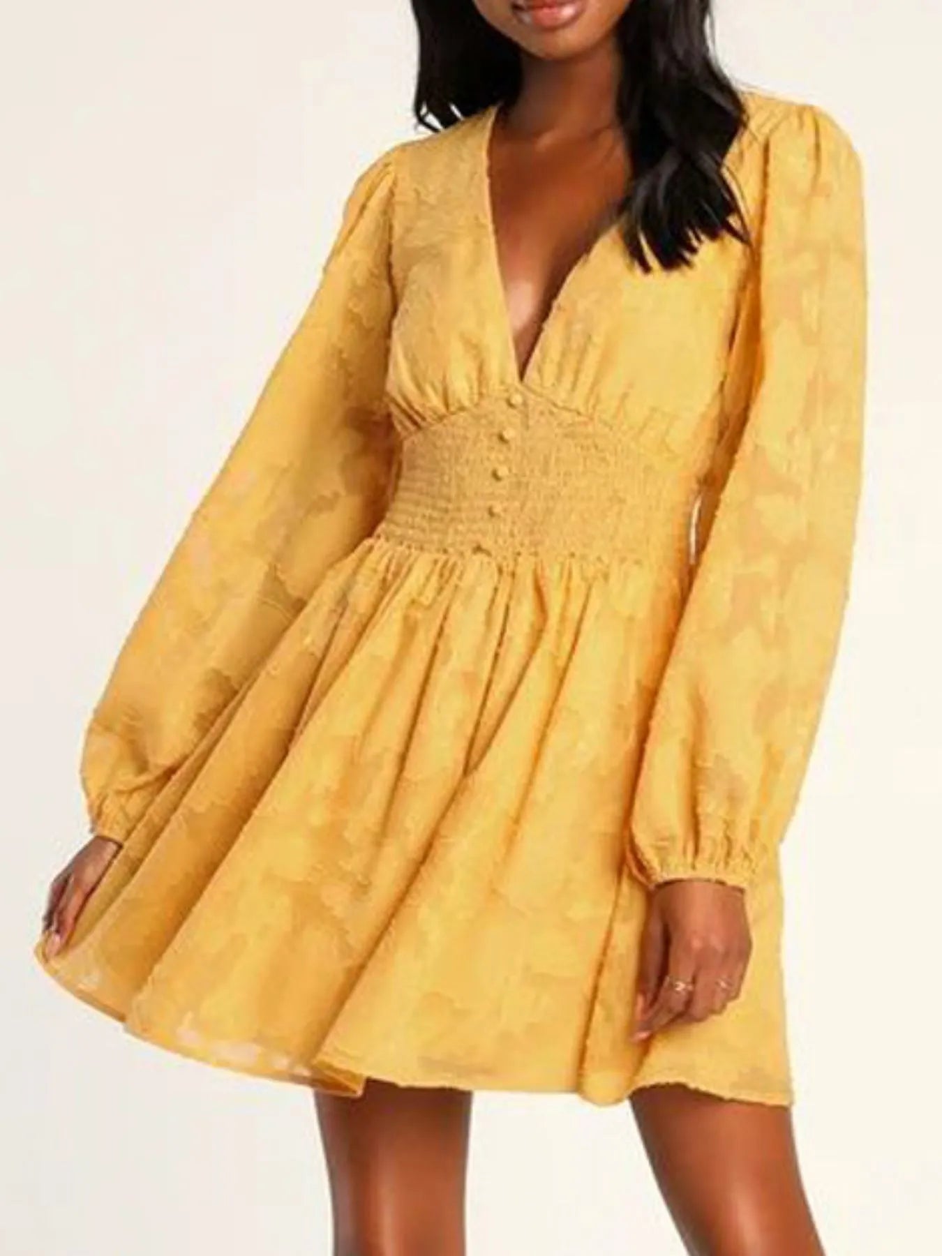 Smocked V-Neck Balloon Sleeve Dress