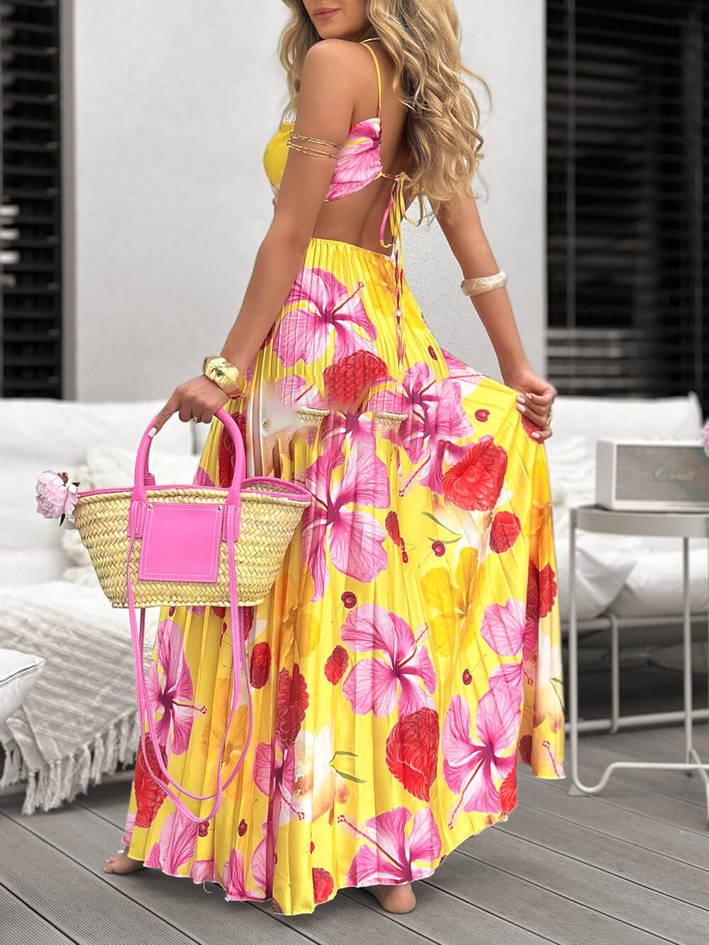 Beautiful Summer Print Ruched Ruffle Backless Tie Maxi Dress