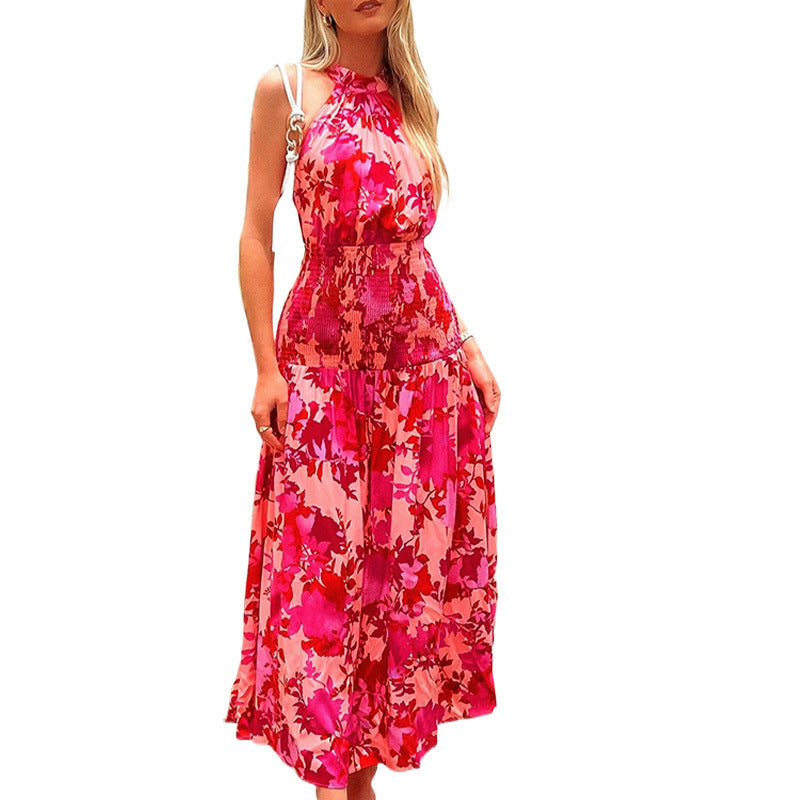 Summer Women's Fashion Print Sleeveless High Waist Temperament Maxi Dress