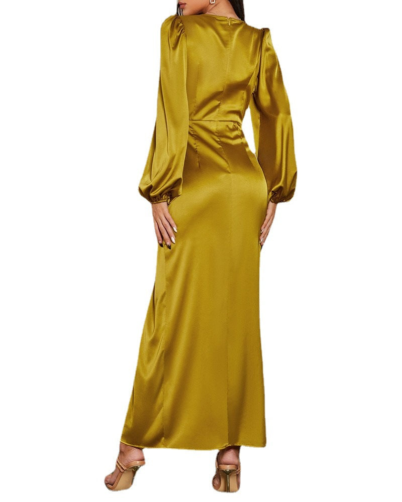 Women Fashion Solid Color High Waist Elegant Loose Solid Color V Neck Maxi Dress
