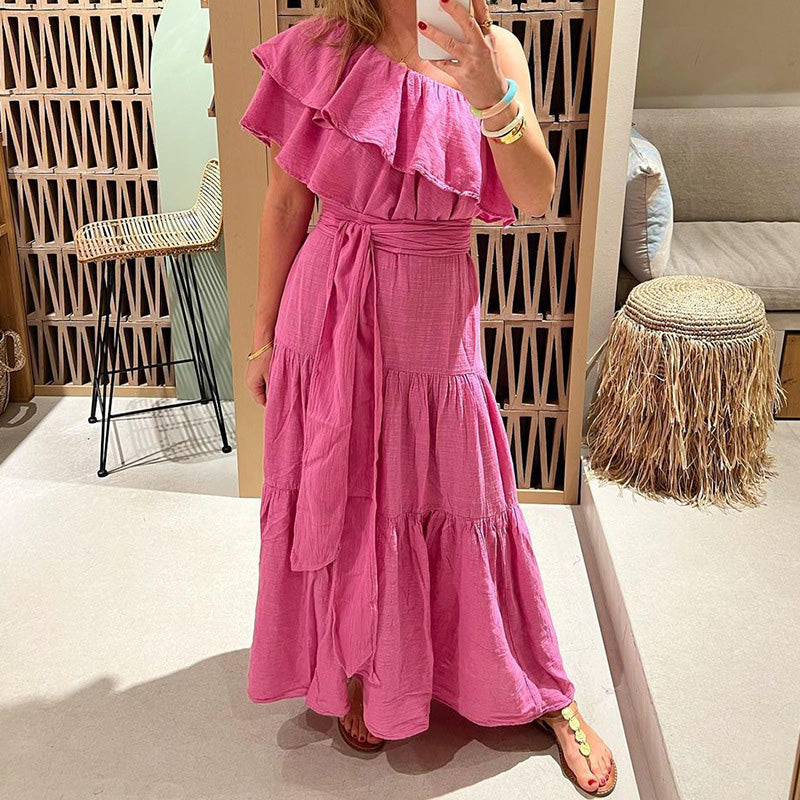 Summer Vacation Elegant Slash Neck Sexy Off Shoulder Layered Ruffle Party  Maxi Dress
