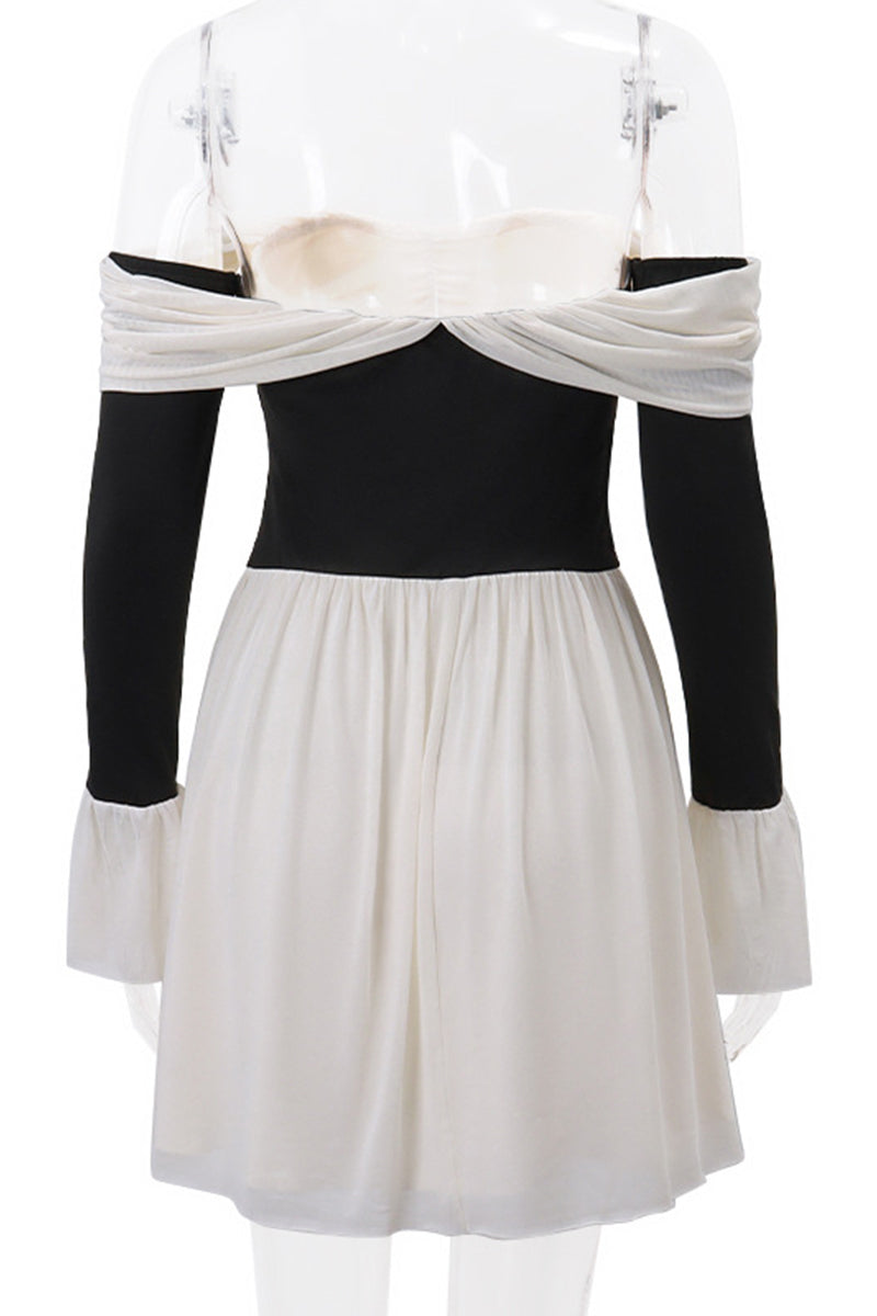 Sexy Backless Contrast Off Shoulder Waist Skirt Dresses