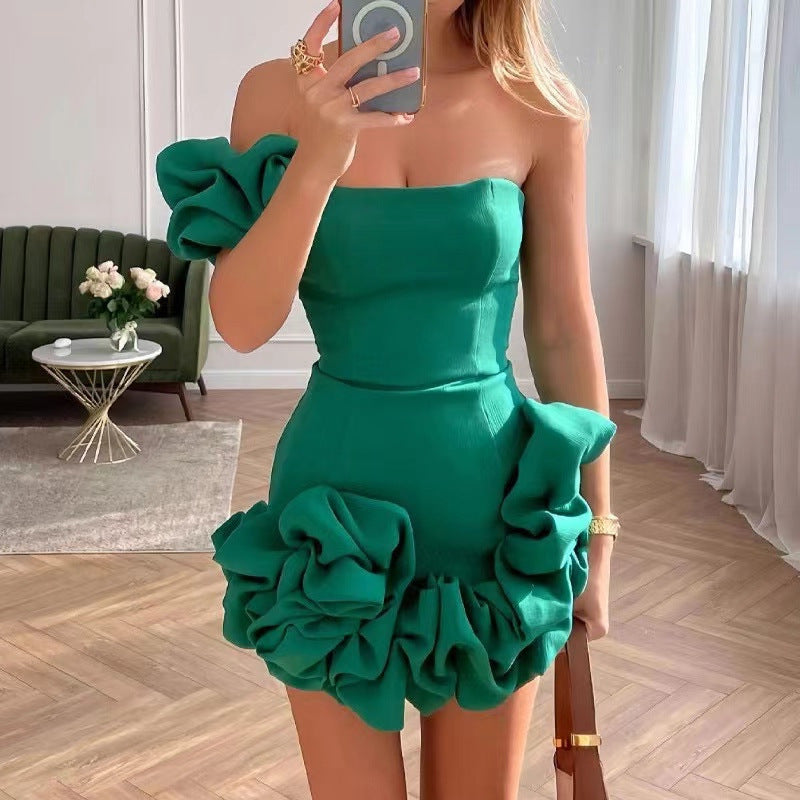 Women's Strapless Sleeveless High Waist Solid Color Dress with Ruffle Edge Flower Bud Waist Design