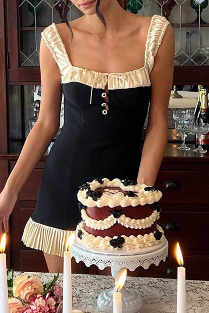 Sexy Solid Color Lace Up Backless Contrast Square Neck Wrapped Skirt Dresses