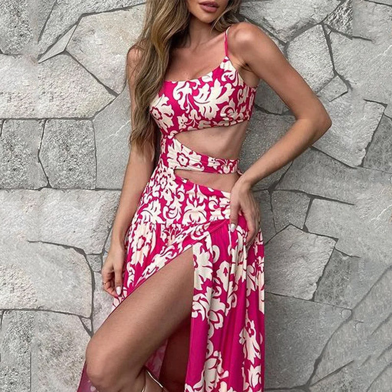 Summer Fashion Sexy Casual Halter Sleeveless Printed Hollow Slit Elegant Maxi Dress