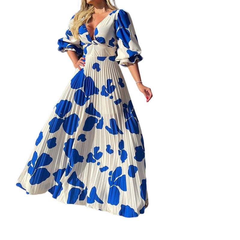 Summer Bohemian Elegant Party Fashion V Neck Long Sleeve Printed Maxi Dress