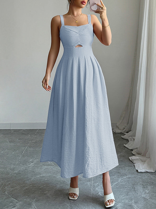 Backless Hollow Pleated Solid Color Zipper A-line High Waisted Spaghetti-Neck Midi Dresses