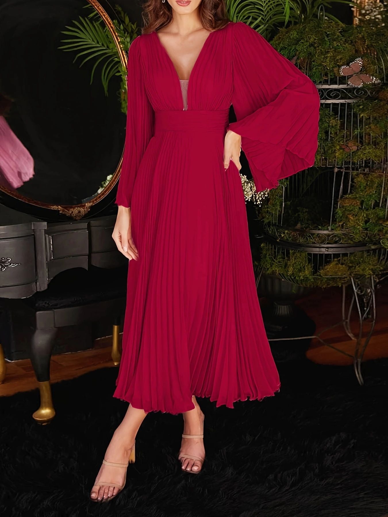 Sexy Pressed Pleated Long Sleeve Slim Fashion V Neck Solid Color Elegant Party  Maxi Dress