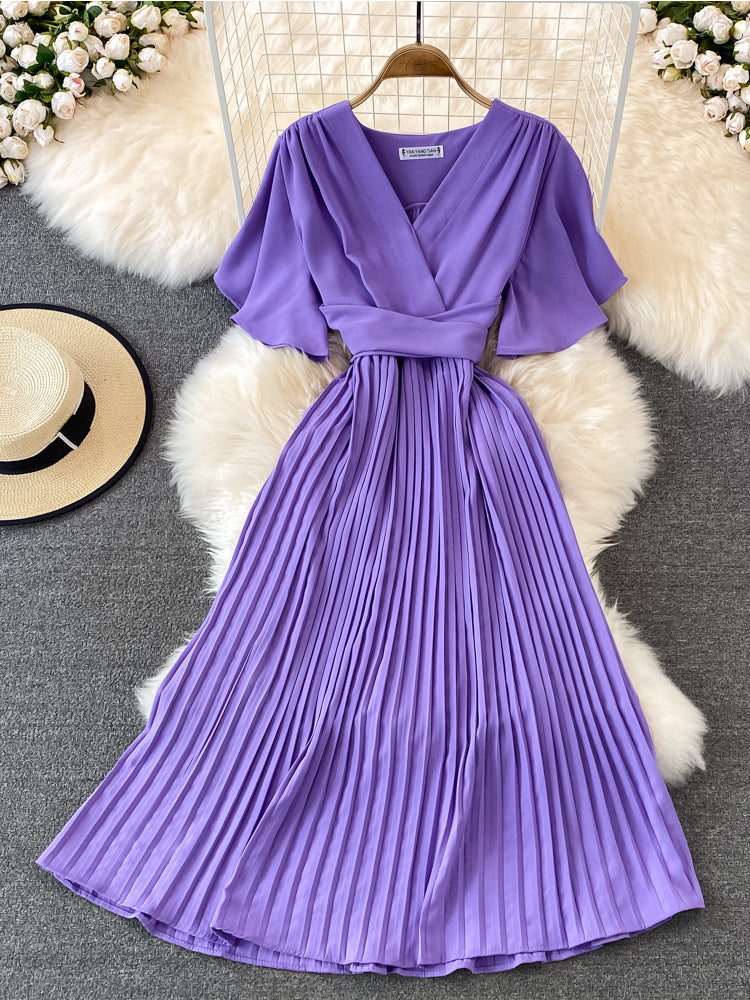Women's Fashion Elegant Pleated Summer V Neck Vintage A-Line High Waist  Maxi Dress