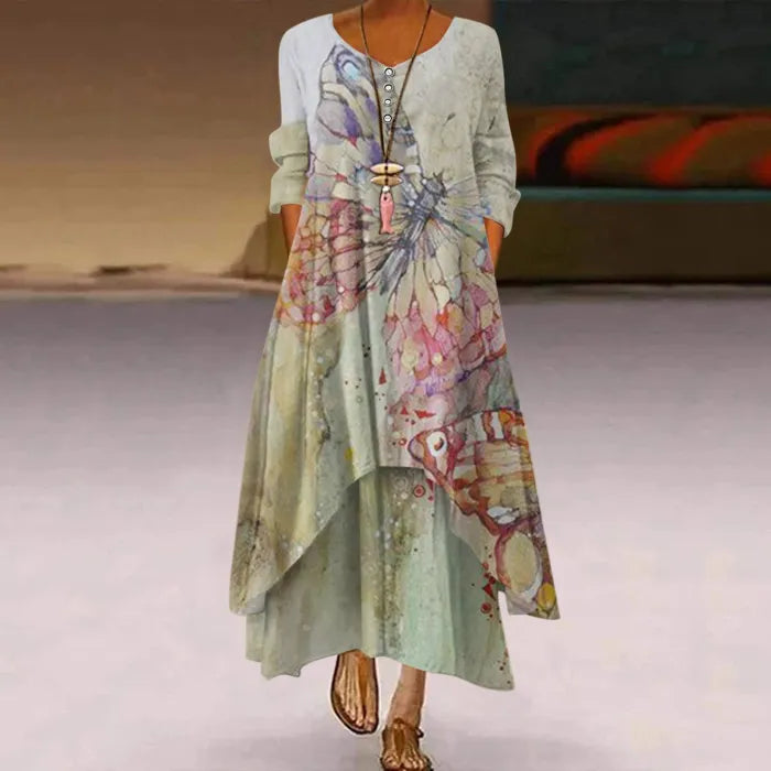 Women's Fashion Casual Pocket Hem Irregular Hem Long Sleeve  Maxi Dress