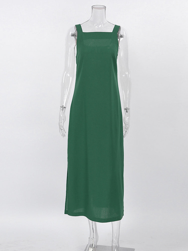 Summer Women Casual Solid Green Side Slit Spaghetti  Maxi Dress
