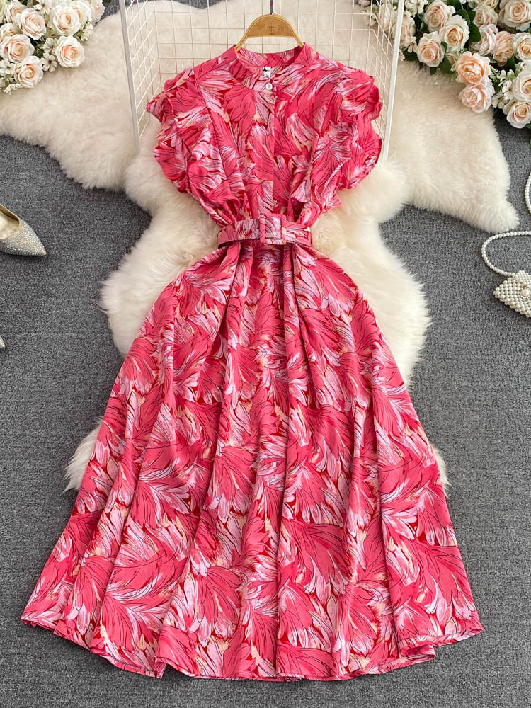 Women Summer Stand Collar Print Elegant High Waist Fashion Party  Maxi Dress