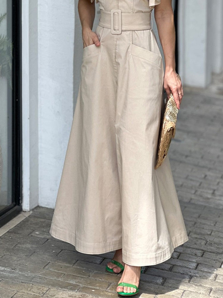 Fashion Solid Color Blouse Casual V Neck Ruffle Pocket Maxi Dress