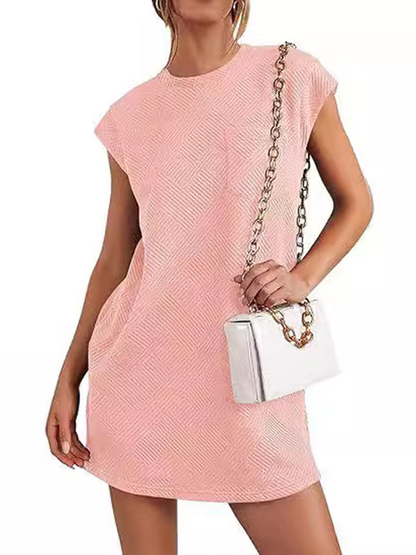 A-Line Loose Jacquard Pockets Solid Color Round-Neck Mini Dresses