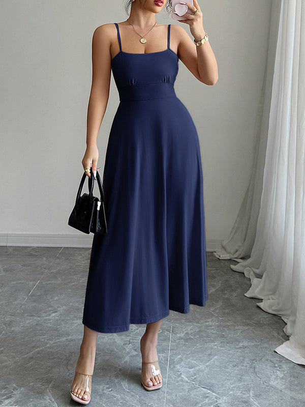 Backless Pleated Solid Color A-Line High Waisted Spaghetti-Neck Midi Dresses