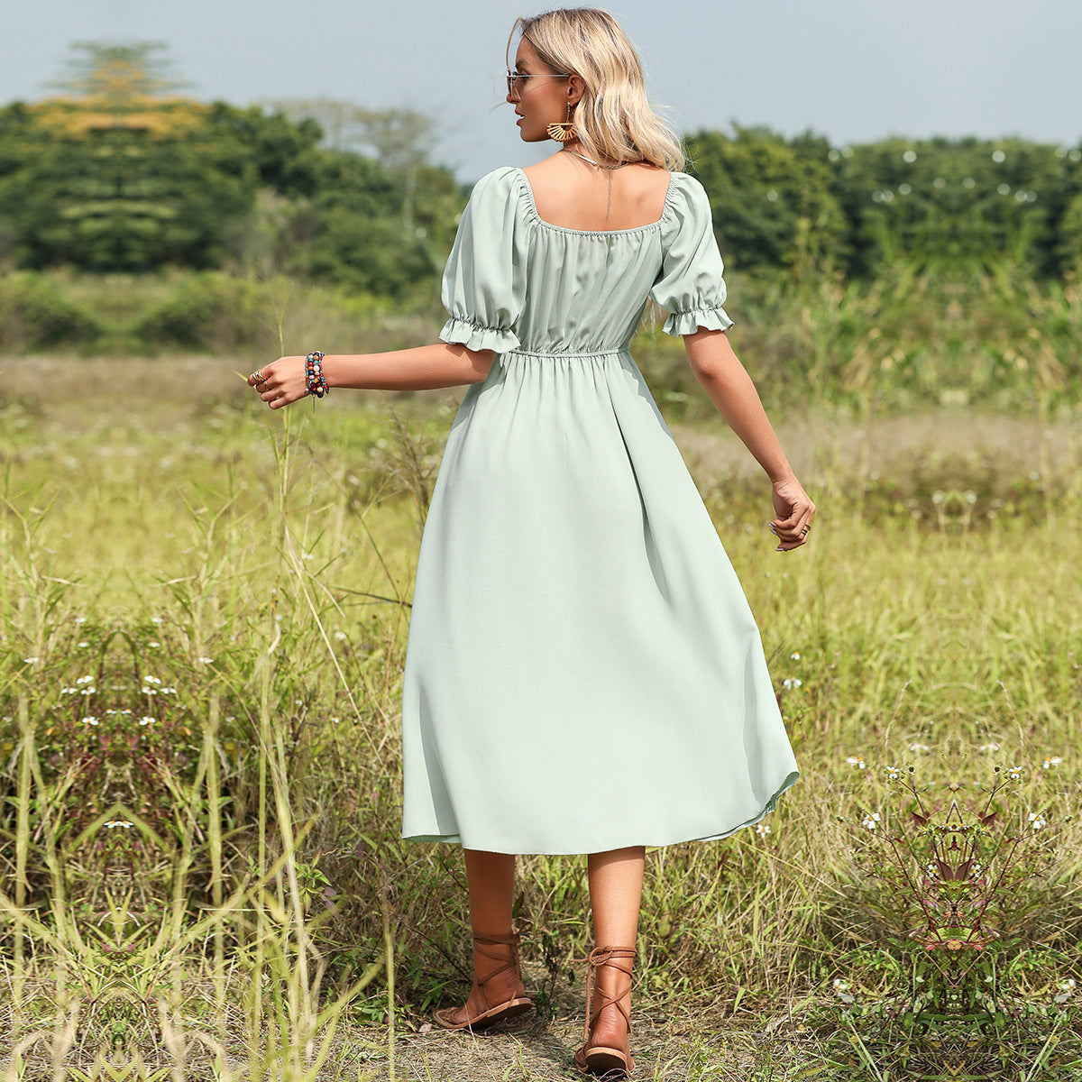 Solid Color V Neck Casual Bow Puff Sleeves High Waist Elegant A Line Maxi Dress
