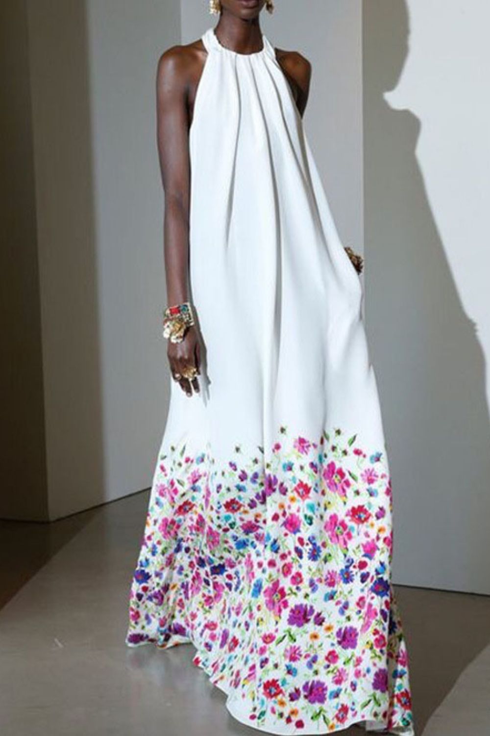 Women's Printed Sleeveless Halter Neck Sexy Big Swing Ruffle  Maxi Dress