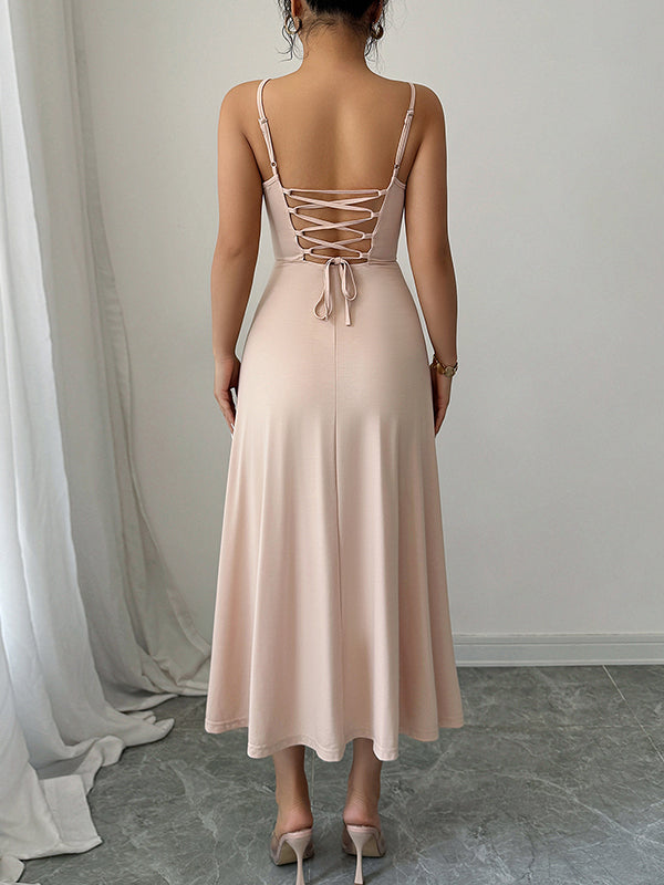 Backless Pleated Solid Color A-Line High Waisted Spaghetti-Neck Midi Dresses