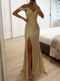 Elegant V-Neck Sequin Side-Slit Sleeveless Gown Maxi Dress